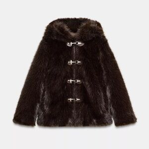 ZARA ZW COLLECTION FAUX FUR SHORT COAT BROWN LARGE TOGGLE HOODED TEDDY 3945/241